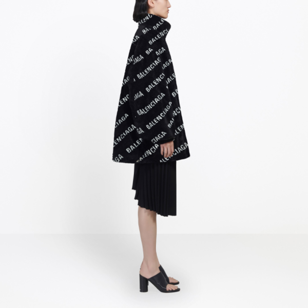 Balenciaga/巴黎世家Logo提花仿皮草蓬鬆拉鍊褶皺收腰外套外套女款黑色：圖片 5