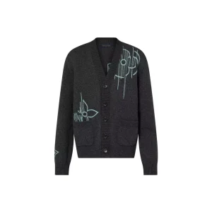 LOUIS VUITTON SS23 刺繡LogoV領單排扣針織開襟衫外套男款黑色