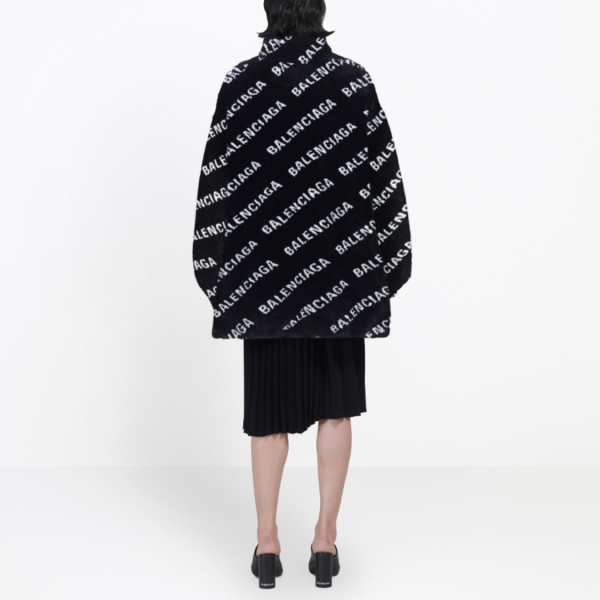 Balenciaga/巴黎世家Logo提花仿皮草蓬鬆拉鍊褶皺收腰外套外套女款黑色：圖片 4