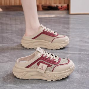 透氣老爹鞋半拖女2025春夏一腳蹬鬆糕休閒鞋復古增高厚底包頭拖鞋