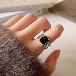 韓國黑鋯石錶帶戒指女時尚復古簡約小眾ins開口食指環個性手飾