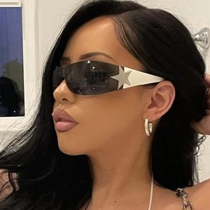 全新無框五角星一體式飛行員太陽眼鏡歐美Y2K千禧辣妹時尚遮陽墨鏡