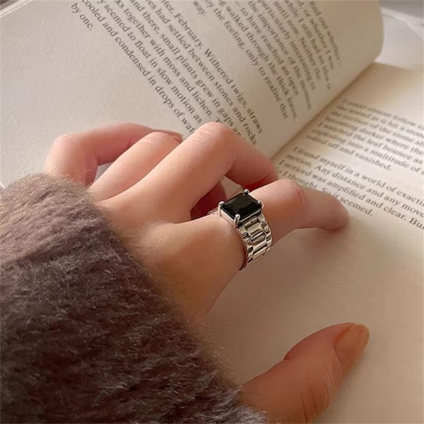 韓國黑鋯石錶帶戒指女時尚復古簡約小眾ins開口食指環個性手飾：圖片 3
