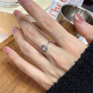 天然海藍月光石戒指女小眾高級時尚百搭食指戒冷淡風簡約開口戒指