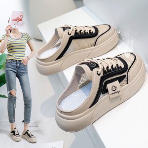 厚底包頭半拖鞋女夏外穿2025新款無後跟百搭透氣網面懶人小白鞋子