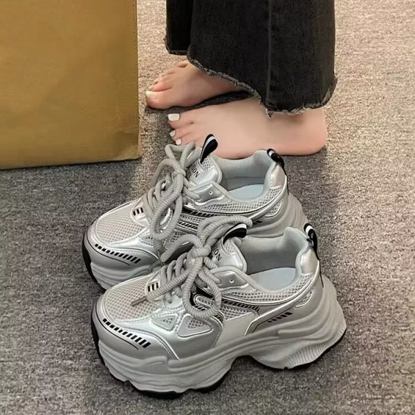 爆款厚底銀色老爹鞋女2025新款春季秋季增高休閒百搭網面透氣運動鞋：圖片 3