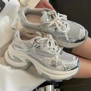 銀色老爹鞋女2025春季新款網面透氣百搭休閒運動鞋厚底增高跑步鞋