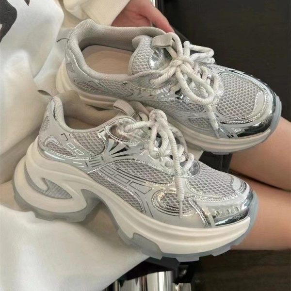 銀色老爹鞋女2025春季新款網面透氣百搭休閒運動鞋厚底增高跑步鞋