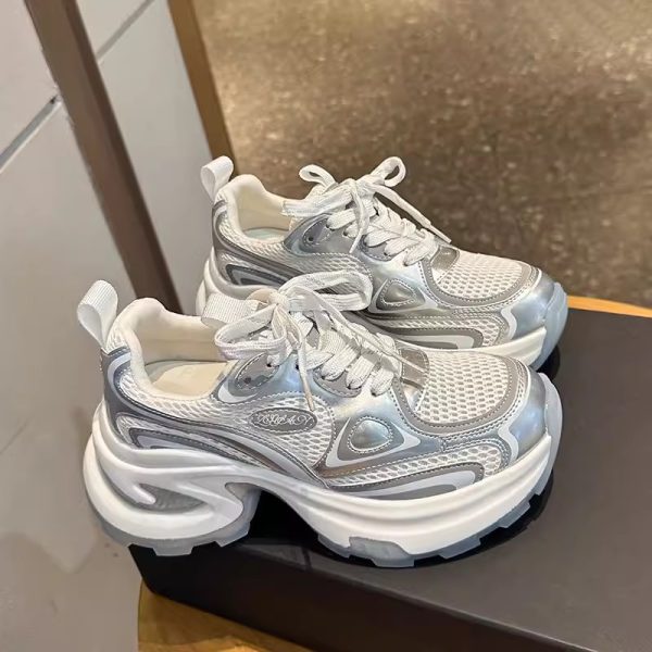 厚底老爹鞋女春夏季新款百搭網面透氣銀色復古增高休閒運動鞋：圖片 3