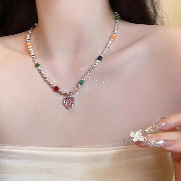彩色愛心碎銀子鎖骨鍊女夏季小眾設計感項鍊甜酷辣妹項鍊：圖片 4