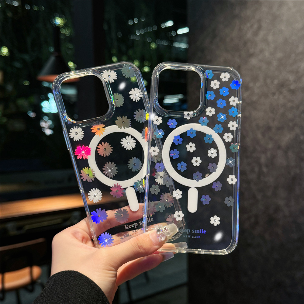 適用iphone16磁吸手機殼炫彩鐳射鬱金香蘋果15promax透明殼14pro