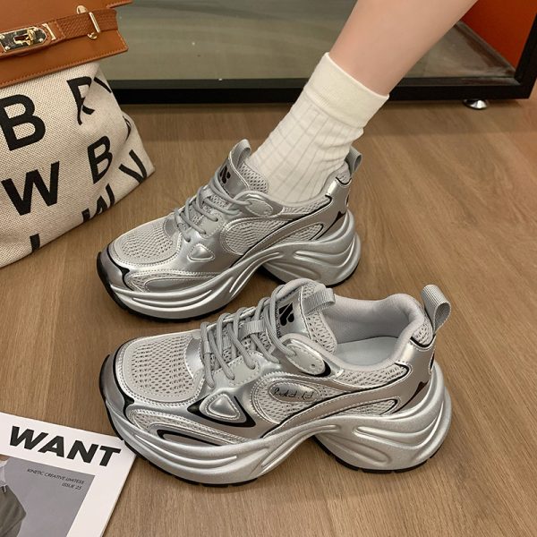 厚底老爹鞋女2025春秋季新款百搭網面透氣銀色內增高休閒運動鞋子：圖片 3