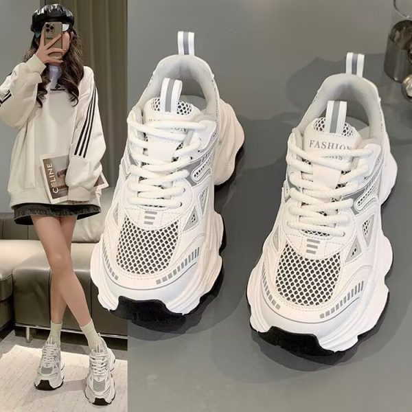 銀色老爹鞋女2025新款春季秋季網面透氣增高厚底輕便休閒運動小白鞋：圖片 4