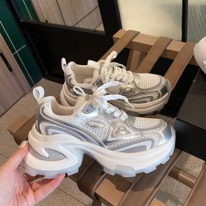 厚底老爹鞋女春夏季新款百搭網面透氣銀色復古增高休閒運動鞋