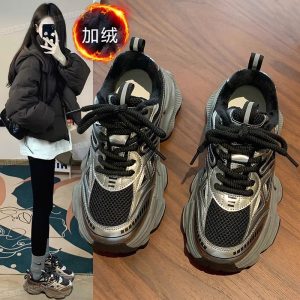 老爹鞋女新款爆款秋冬季加絨二棉鞋厚底增高黑色休閒運動棉鞋