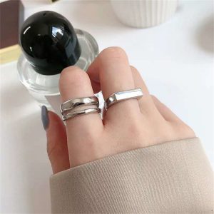 韓版不規則幾何方形光面開口戒指女925純銀簡約小眾個性戒指