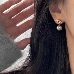 打結灰色珍珠耳環女s925銀針輕奢小眾設計耳環清冷氣質高級感耳飾