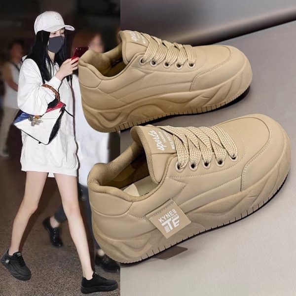 厚底麵包鞋女款2025春季新款百搭增高鞋子休閒運動板鞋黑色老爹鞋：圖片 2
