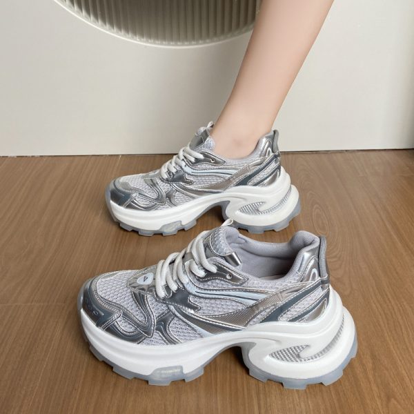 銀色厚底增高老爹鞋女2025春秋季新款顯腳小網面透氣休閒運動鞋子：圖片 3