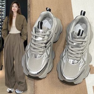 爆款厚底銀色老爹鞋女2025新款春季秋季增高休閒百搭網面透氣運動鞋