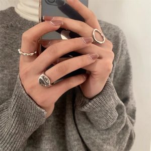 圓面米粒橄欖珠戒指女925銀不規則橢圓形食指戒小眾設計環開口指