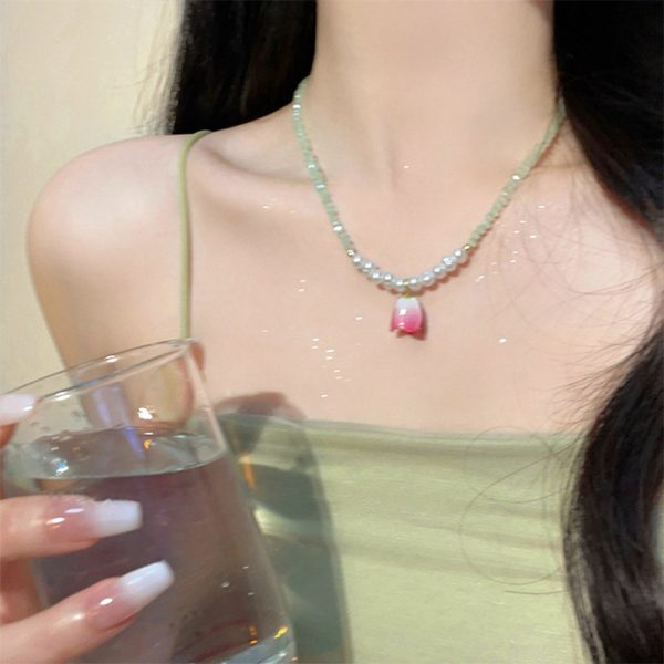 溫柔草莓彩色鬱金香珍珠秋冬女氣質串珠個性鎖骨鏈時尚：圖片 3