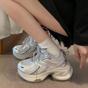 老爹鞋女鞋2025春秋季新款ins潮銀色厚底網面透氣輕便休閒運動鞋