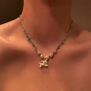 卡通小狗珍珠拼接項鍊男嘻哈風鎖骨鍊女生小眾設計感毛衣鍊新款