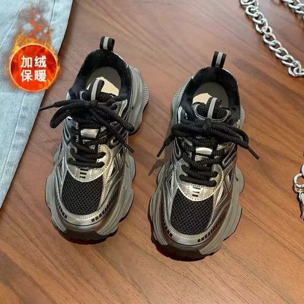 老爹鞋女新款爆款秋冬季加絨二棉鞋厚底增高黑色休閒運動棉鞋：圖片 6