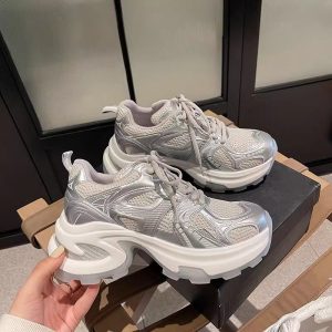 厚底銀色老爹鞋女2025新款透氣網面增高小白鞋ins潮休閒運動鞋子