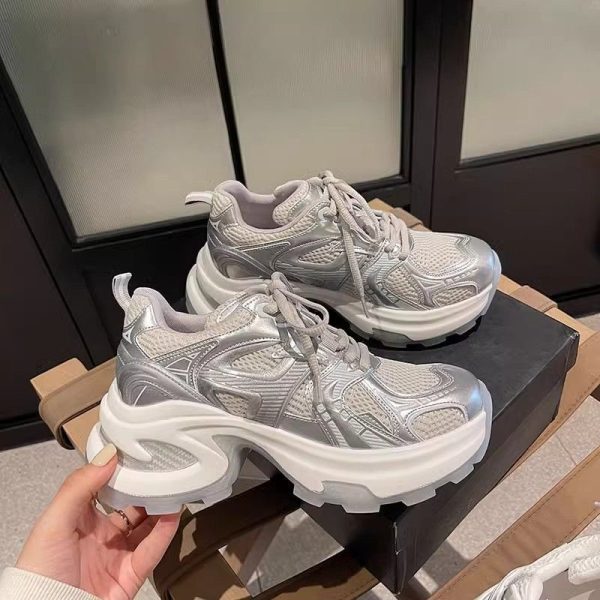 厚底銀色老爹鞋女2025新款透氣網面增高小白鞋ins潮休閒運動鞋子