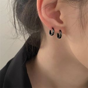韓版耳環女S925銀針高級感小眾百搭黑色耳環中性素圈耳環耳飾