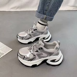 老爹鞋女款2025新款春夏季透氣網面薄款厚底增高銀色休閒運動女鞋