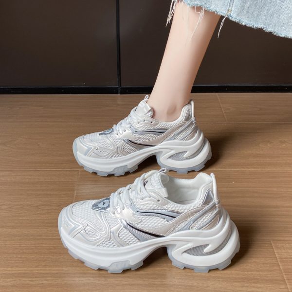 銀色厚底增高老爹鞋女2025春秋季新款顯腳小網面透氣休閒運動鞋子：圖片 4