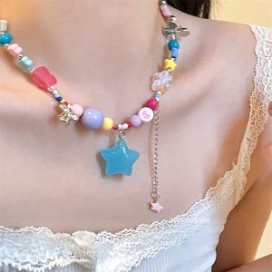 糖果沿海彩色串珠項鍊女可愛星星多巴胺錢包甜酷辣妹y2k鎖骨鏈潮