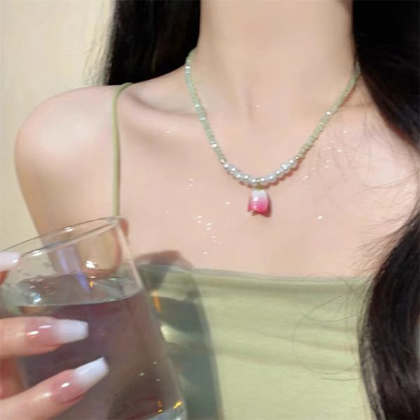 溫柔草莓彩色鬱金香珍珠秋冬女氣質串珠個性鎖骨鏈時尚：圖片 6
