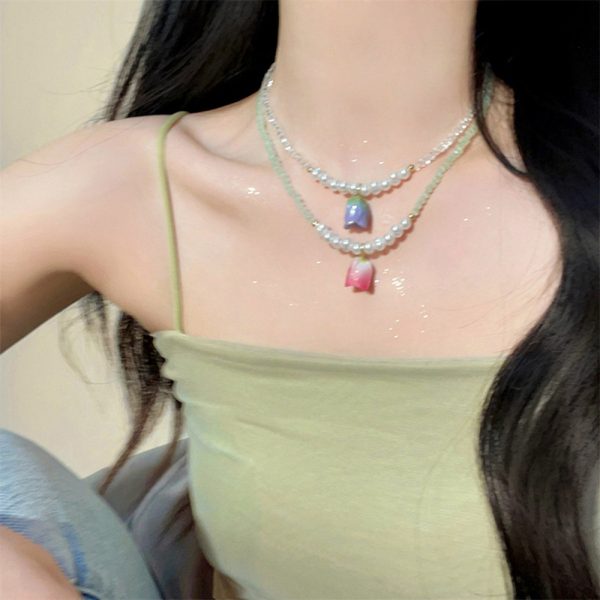 溫柔草莓彩色鬱金香珍珠秋冬女氣質串珠個性鎖骨鏈時尚：圖片 4
