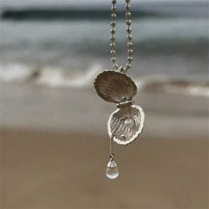 沙灘拾貝可開合珍珠貝殼吊墜項鍊女輕奢高級感水滴流蘇頸鍊鎖骨鏈