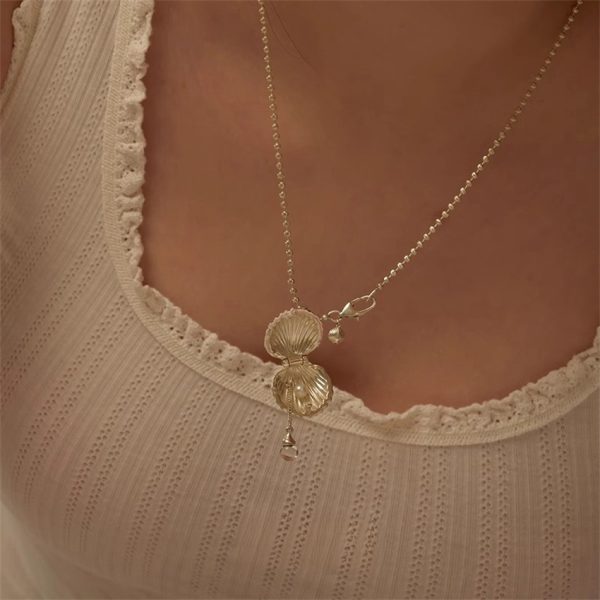 沙灘拾貝可開合珍珠貝殼吊墜項鍊女輕奢高級感水滴流蘇頸鍊鎖骨鏈：圖片 4