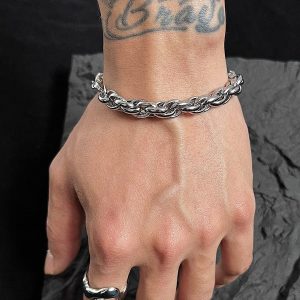 男士嘻哈hiphop潮男粗款霸氣手鍊痞帥美式鈦鋼不掉色手飾銀色手環