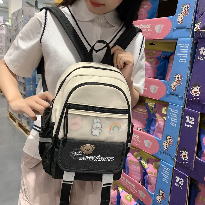 時尚新款大容量休閒學生上課書包小清新雙肩包女生撞色拼接小背包