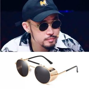 新款金屬蒸氣龐克太陽眼鏡男復古圓框眼鏡個性網狀翻蓋擋風墨鏡