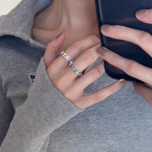 韓國彩色小花滴油異型愛心彩鑽閃寶石戒指開口可調整個性小眾戒指