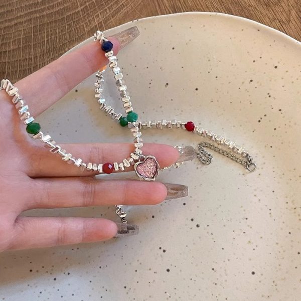彩色愛心碎銀子鎖骨鍊女夏季小眾設計感項鍊甜酷辣妹項鍊：圖片 2