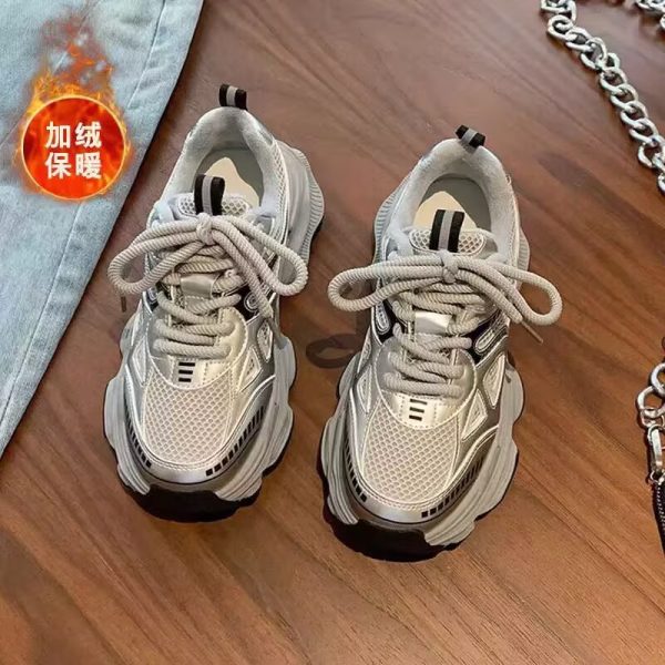 老爹鞋女新款爆款秋冬季加絨二棉鞋厚底增高黑色休閒運動棉鞋：圖片 7