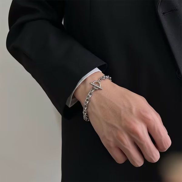 嘻哈黑白雙層疊戴OT手鍊個性簡約男士手飾學生復古網紅ins手串男：圖片 11