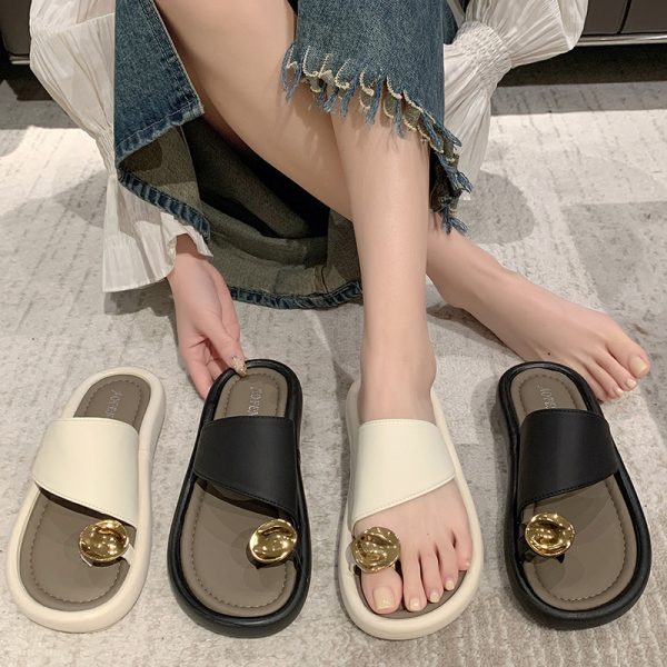 法式套趾水鑽涼拖鞋女夏外穿2025年新款仙女風配裙子平底羅馬沙灘鞋：圖片 3