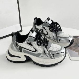 銀色老爹鞋女2025春秋季新款爆款厚底小白鞋網面透氣休閒運動鞋子