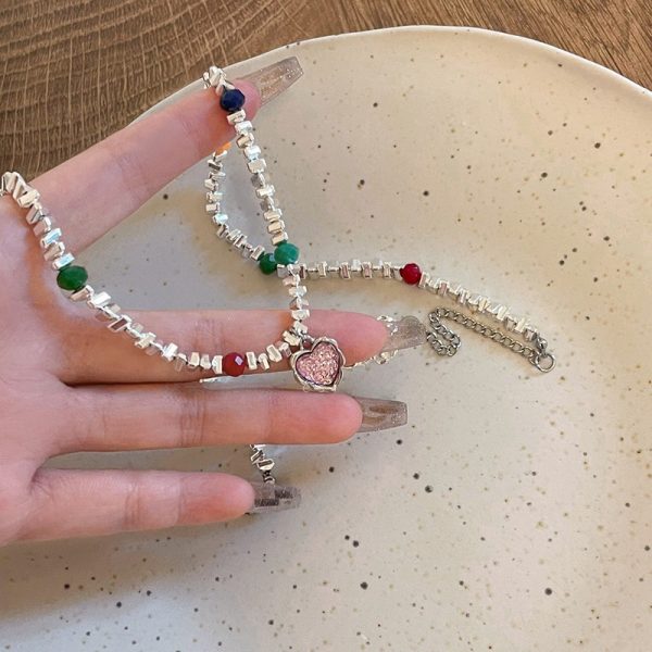 彩色愛心碎銀子鎖骨鍊女夏季小眾設計感項鍊甜酷辣妹項鍊：圖片 6