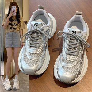 厚底老爹鞋女2025新款夏季薄款透氣網面休閒運動鞋輕便百搭小白鞋